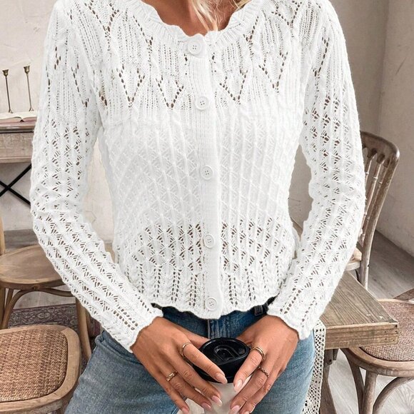 White Casual Women's Crew Neck Hollow Front Button Cardigan Knit Sweater - Picture 7 of 7